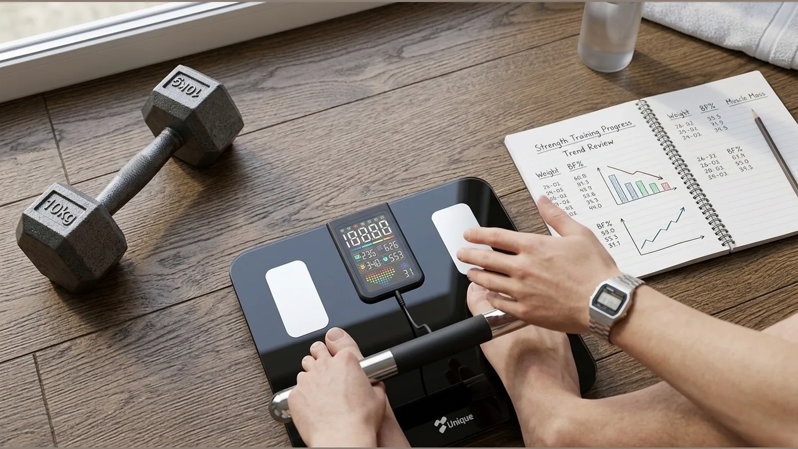 Body-composition scale beside a beginner strength-training log