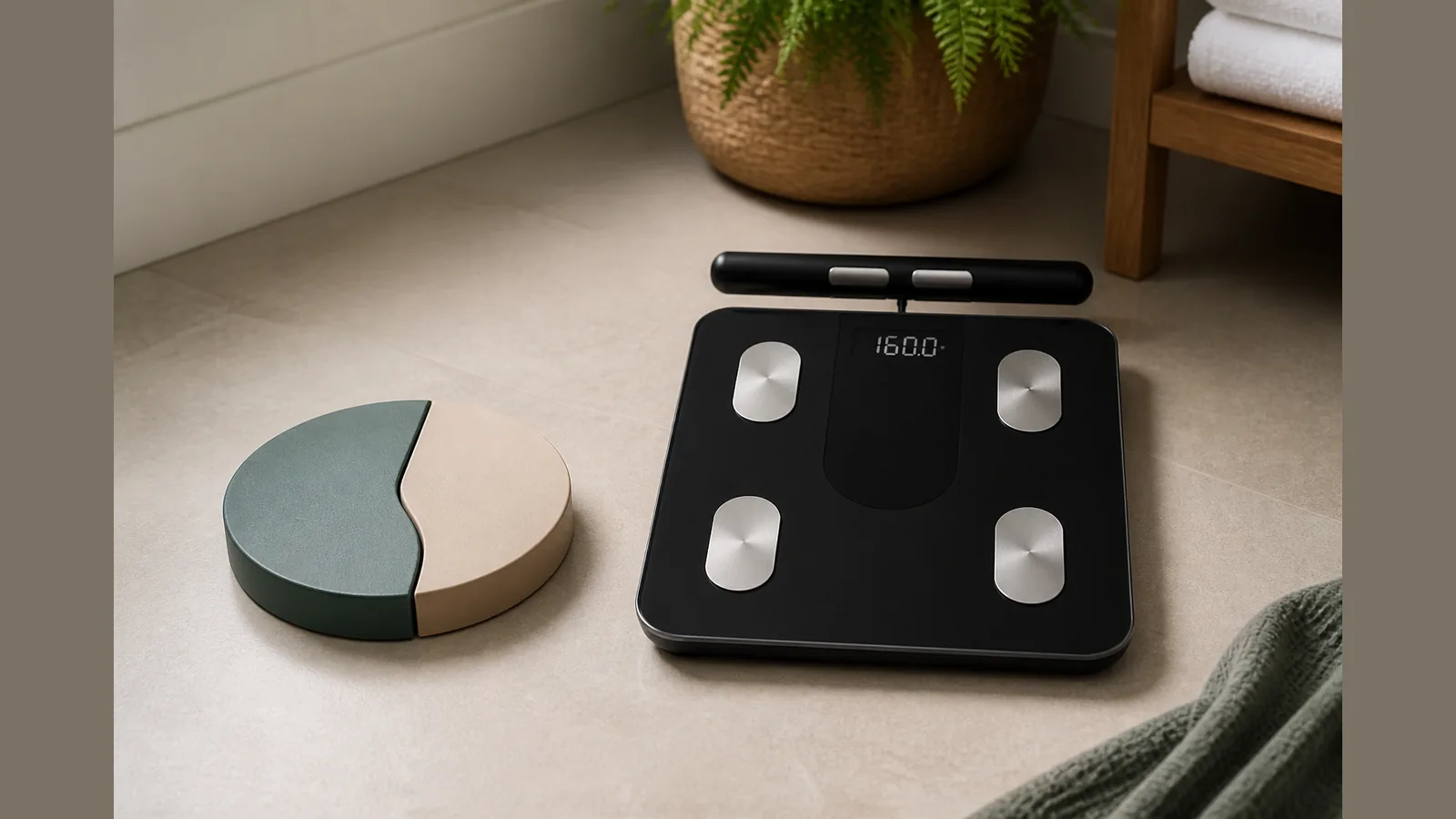 Diagram explaining fat-free mass beside a handle-equipped smart scale