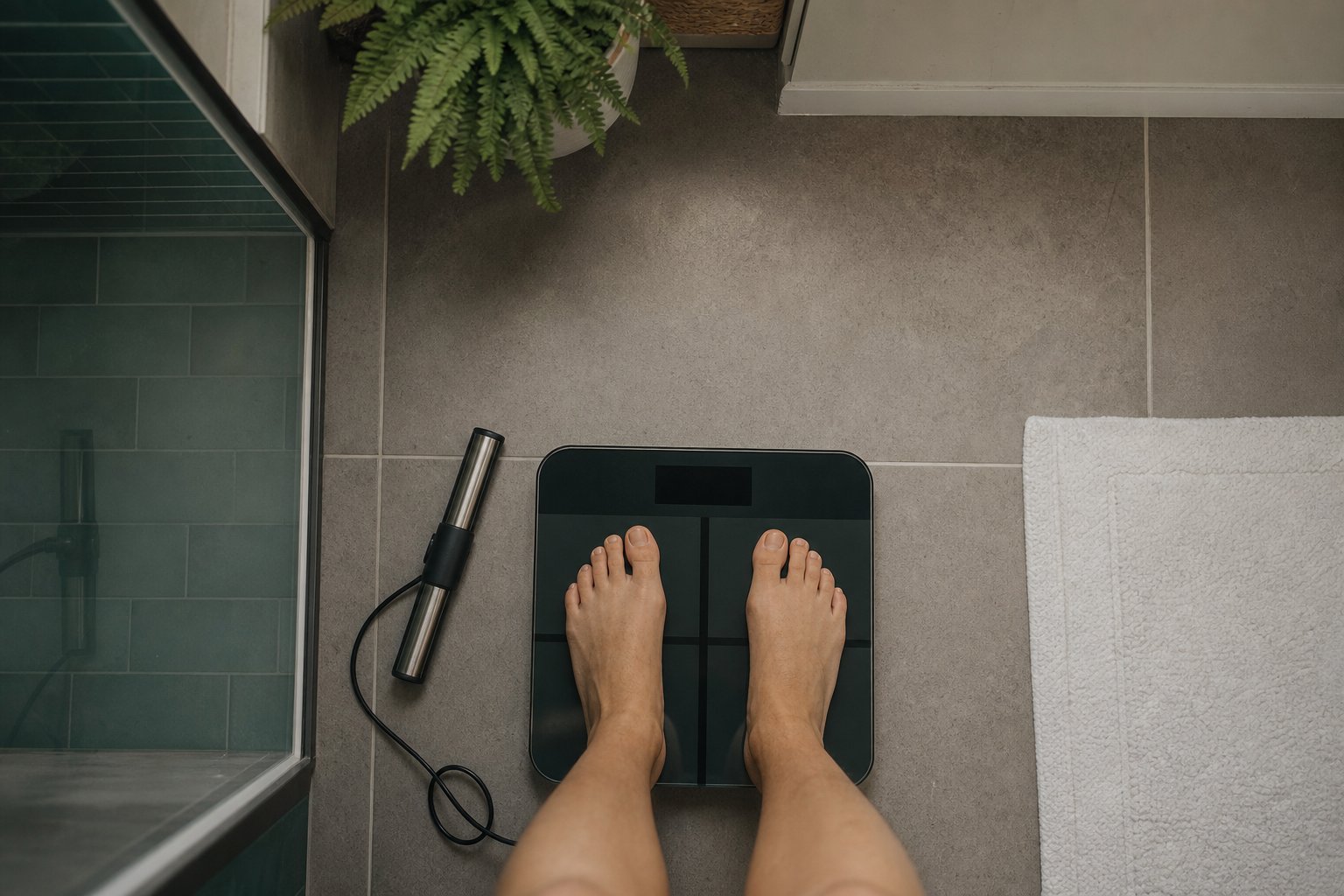 Bare feet on a dark glass scale with a hand-held sensor bar beside it, comparing an 8 electrode vs 4 electrode scale