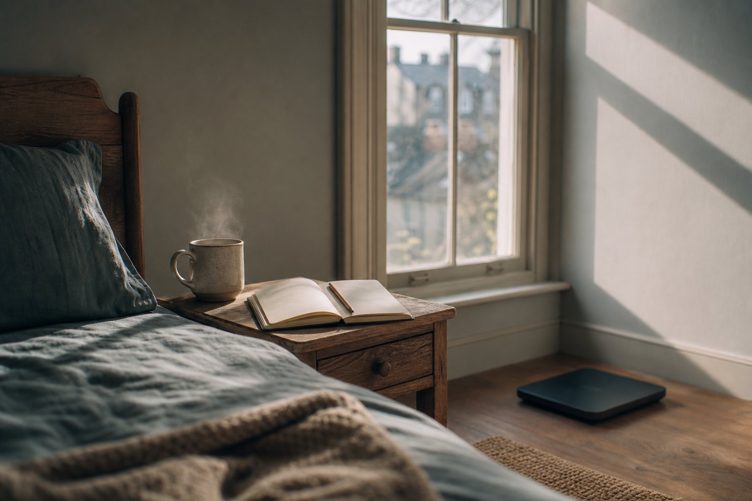 Blank journal and tea by a sash window with a smart scale out of focus, a calm setting to track weight trends