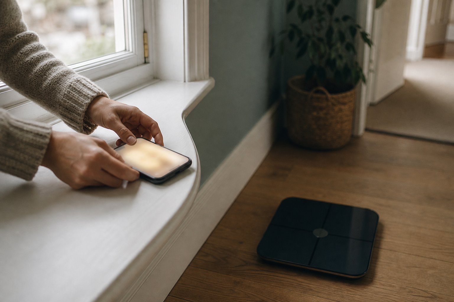 Phone on a UK windowsill above a smart scale, choosing apple health vs google fit weight tracking as the data hub