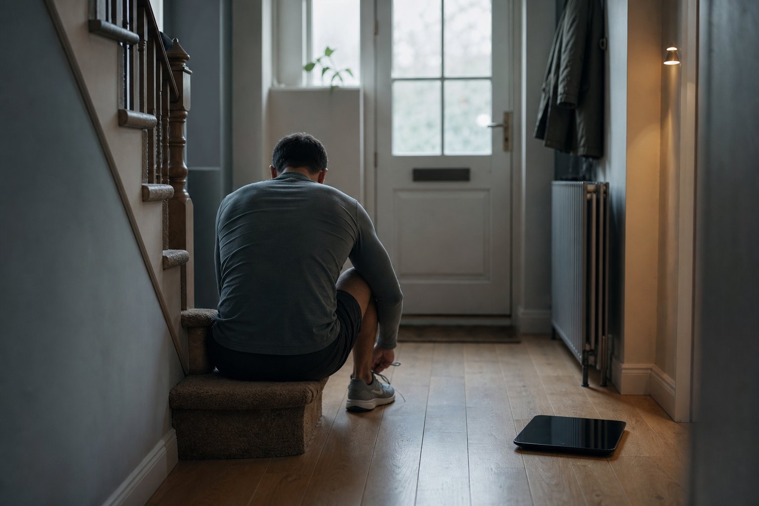 Runner's trainers and bare feet beside a switched-off bathroom scale on a wooden bedroom floor in soft morning light, no display numbers, brands or faces