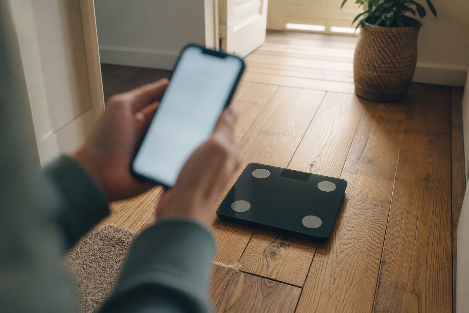 One person's bare feet stepping onto a switched-off bathroom scale on a tidy UK bathroom floor, a second pair of slippers waiting to one side and a phone resting screen-down on the windowsill; no display numbers, no brands, no faces
