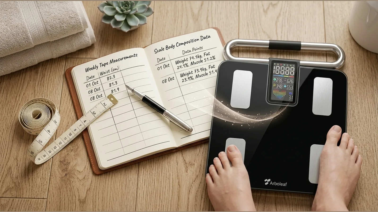 Tape measure and smart scale as separate progress signals