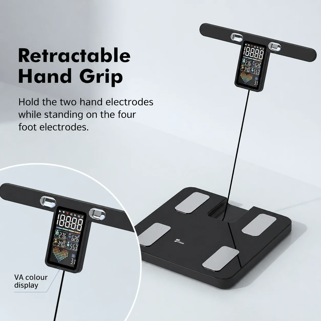 Retractable hand grip and VA colour display