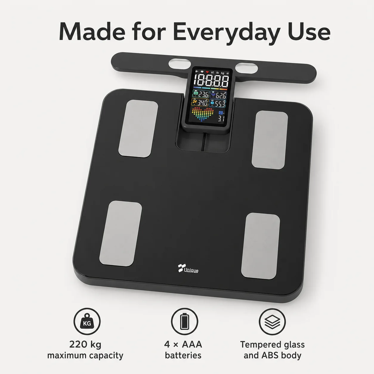 220 kg capacity, four AAA batteries, tempered glass and ABS construction