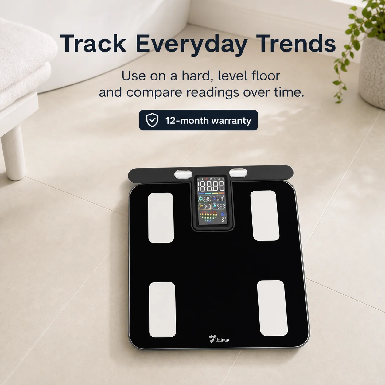 Scale on a hard level floor with a 12-month warranty